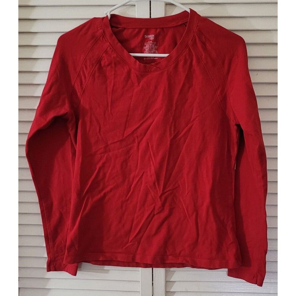 Danskin Now Red Long Sleeve Shirt Embroidered Keyhole Back Cotton Blend Top Size